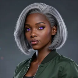 black woman, hairstyle = short bob, hair colour = light grey, eyes = purple, wearing dark green bomber jacket, realistic 4 k octane beautifully detailed render, 4 k post - processing, highly detailed, intricate complexity, epic composition, magical atmosphere, cinematic lighting, masterpiece, ultra hd