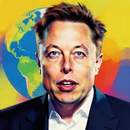 the portrait of fearless, daring, courageous and bold elon musk, ready to save the world, colorful pop art, modern art, by andy warhol