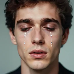 portrait photo of a blurred face of a man, the man is wearing make up and crying tears made of diamonds, emitting aura, 1 9 6 0, life magazine photo, natural colors, metropolitan museum, kodak, 8 k, very detailed, high resolution, product photo,