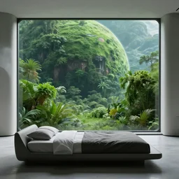 a futuristic bed in the foreground of a futuristic minimalistic room with a huge window overlooking an lush green verdant alien planet, photorealistic, cinematic, octane render by oblivion movie thom tenery and dieter rams