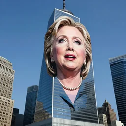 A giant Hillary Clinton destroying the world trade center on a clear summer day on September 11th, 2001