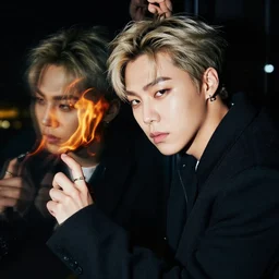 portrait MIN YOONGI is ZUKO, night time, dynamic lighting , looking at his FIRE SCAR reflection, +++ super super super dynamic posing, j.c. leyendecker, abyxrt_, thick eyebrows, super serious facial expression