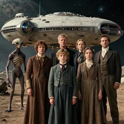 sharp, 35mm still from a sci fi blockbuster color movie made in 2022, set in 1860, of a family standing in front of a spaceship that has just landed on an alien planet, a humanoid alien creature stands nearby, the family are all wearing 1850s era clothes, 4k, in focus faces, extremely good quality lighting, good quality photography, A list cast, famous actors, famous actresses, oscar winner