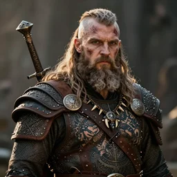 a cinematic view of wide photo from a very ornated old wizard viking berseker, half shaved haircut, showing nordic tattoos in the chest, scars in the face, long beard, using leather armour with necklace of teeth, photorealistic, volummetric light, detailed, texturized, zeiss lens high professional mode