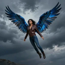 angel avan jogia with blue-indigo-feather wings. Leather jacket, boots and jeans. Flying in a stormy sky. Distant full body shot. Artwork by Arthur Adams