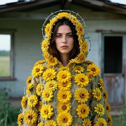 a woman wearing a hooded cloak made of zinnias and barbed wire, in a derelict house, by David LaChapelle, natural light, detailed face, CANON Eos C300, ƒ1.8, 35mm, 8K, medium-format print