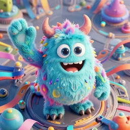a surreal surrealistic elaborate and detailed happy monster waving colorful ribbons, smooth patterns, accents, 3 d, full details, realistic, artstation, futuristic, aerial view, macro shot, closeup detail, right angles, perfectly symmetric, octane render in maya and houdini, vray, ultra high detail ultra realism, unreal engine