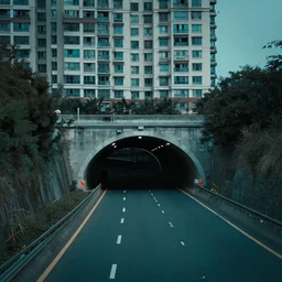 establishing shot of a large highway, an apartment building directly above the large highway, large highway entering a tunnel, apartment building directly above the tunnel, wide establishing shot, dark teal lighting, soft dramatic lighting, sharp focus, 4 k digital camera