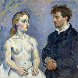 a character drawn by Picasso talking to a character drawn by Caravaggio  in a background painted by Monet