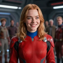cinematic portrait of young smiling teenage emma stone in red futuristic jumpsuit, blue collar, space station at background, high detail, 8 k, sharp focus, movie still, dramatic lighting, ray tracing, smooth, lane brown, finnstark, oleg bulakh, diego fazio, mike dargas, emanuele dascanio, felix englund, michal karcz