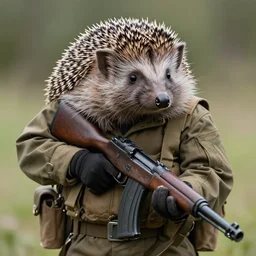 still image of a hedgehog soldier wearing military gear, the hedgehog is holding a rifle, photo