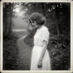 a double exposure of a beautiful side view portrait from above of a solemn young woman looking down, apparition, ghostly, white dress, motion blur, shaking head, with a landscape photo of a misty night forest, muted tones, forest trail, lake, dappled moonlight, scratched photo, damaged edges, old, black and white damaged photo, 1 9 2 0 s