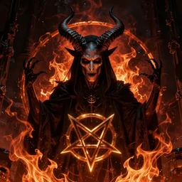 Satanic Carl Sagan, Dark lord of Hell. Portrait. Evil personified. Upside Down Pentagram. horns. flames