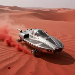 ghostpunk hovercraft going at high speed across a red desert, spraying red sand in the air, greg rutkowski, 8 k, shallow depth of field, intricate detail, concept art,