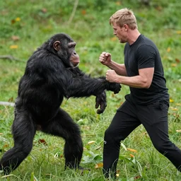 photograph of a blond male named josh fighting a chimpanzee.