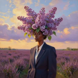 portrait, giant lilac flower as head, black woman in suit in a heather field, surreal photography, golden hour, colorful clouds, impressionist painting, digital painting, artstation, simon stalenhag