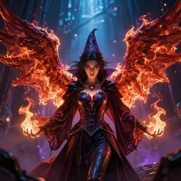 young vampire princess witch summons with burning wings serious colorful 4 k high definition dramatic lighting artstation trending path traced contrast light and dark colorful bokeh massive scale cinematic breathtaking by dore, gustave