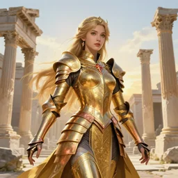 knights of zodiac girl, golden and copper armor, karate show in ruined agora of athens sunrise, ssci - fi and fantasy, intricate and very very beautiful and elegant, highly detailed, digital painting, artstation, concept art, smooth and sharp focus, illustration, art by tian zi and wlop and alphonse mucha