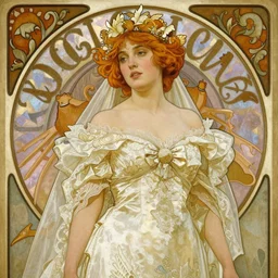 a painting of a girl resembling alicia vikander or millie bobby brown in a wedding dress, highly detailed, intricate, artstation, by alphonse mucha