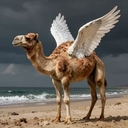 a camel angle, a camel with white wings, beach background, renaissance painting, stunning and detailed