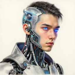 a beautiful portrait of a young bionic male cyborg, cyberpunk, intricate wiring, electronic components, augmented vision, volumetric light, photography, color, intricate, extremely detailed, hyperrealistic, color pencil drawing, trending on artstation