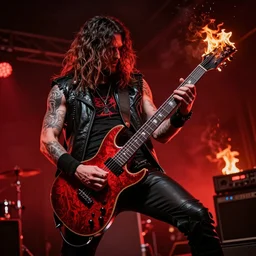 heavy metal music, burning guitars, dark red