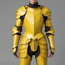 female adventurer in tight full - body canary yellow gambeson leather armor of italian design with diamond pattern and black accents and a closed armet helmet, trending in artstation, establishing shot