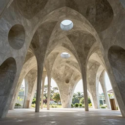 inside small organic pavilion made of large cellular geometries. tall vaults, thin columns.. architectural photography. coronarender, 4 k, 8 k. volumetric lighting.