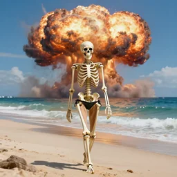 Professional painting of anatomically correct skeleton in bikini walks along the beach, big nuclear bomb explosion in the background, trending on Artstation, realistic, ultra detail