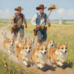 “ corgi stampede on the frontier, cowboy, oil painting ”
