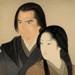 portrait of emperor paul atreides and chani, dune, husband and wife, only 2 people, bright blue eyes, scifi, detailed, awe - striking, pious, space opera, in the style of yamato - e, traditional japanese painting, tosa school, tosa mitsuoki, tosa mitsunobu, iwasa matabei