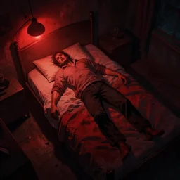 concept art, artstation, nigh, red light, man collapesd on a bed, view from the top, night, lamp lighting, horror, dark room, volumetric light, atmospheric, grunge