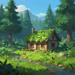 dream render of a gorean home in the woods, mountains in background, bright blue sky, mysterious, various shades of green, flowers, summer, creek, three chickens, matte painting, digital painting, art by patrick moncrief, 3 d, environment visualization, games, animation, video games, aaa