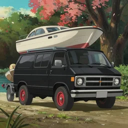 a wholesome animation key shot of one!! focused, black 1 9 8 3 gmc van, red wheels, towing a boat on trailer, beside a lake, medium shot, studio ghibli, ( disney animation ), sharp, very detailed, high resolution, rendered in unreal engine 5, anime key art by greg rutkowski, bloom, dramatic lighting