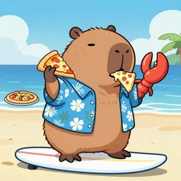 a new Ben 10 alien character inspired by capybaras and lobsters who enjoys surfing while eating pizza and wears tacky Hawaiian shirts and socks with sandals, he also says dude a lot