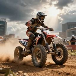 off - road race in a city, vray rendering. lightning, cinematic lighting, clouds. john berkey, sunny pandita.