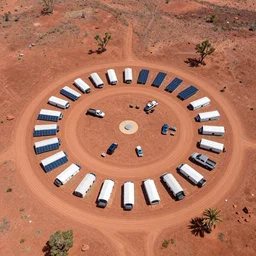 aerial drone photograph of a circularly planned campsite on the transition of the australian red desert with pickup trucks, large solar array, large circular teepee tent in the center, water silo, 2 4 diversely coloured and shaped tents, shower facilities and prefab medical center