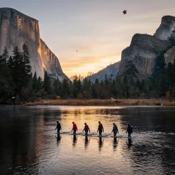calm lake, group of humans walking in the water, leaves falling in the wind, wildlife documentary, sunset, yosemite valley