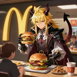 Evil demons albedo from overlord with tails and horns working at McDonalds serving burgers to customers trending on pixiv