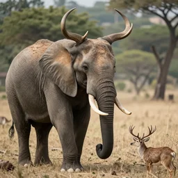 elephant with deer horns, shot from professional camera, ultra realistic