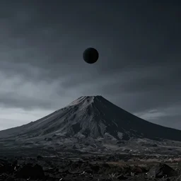 a black dot in the sky spaghettifying a mountain, dark lighting, landscape
