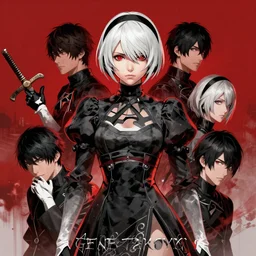 highly detailed portrait of gene takovic, by Dustin Nguyen, Akihiko Yoshida, Greg Tocchini, Greg Rutkowski, Cliff Chiang, 4k resolution, nier:automata inspired, bravely default inspired, vibrant but dreary red, black and white color scheme!!!