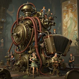 intricate steampunk machine with leather hoses and pumps and accordion whistles unreal engine, greg rutkowski, loish, rhads, beeple, makoto shinkai and lois van baarle, ilya kuvshinov, rossdraws, tom bagshaw, alphonse mucha, global illumination, detailed and intricate environment
