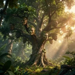 a beautiful render of a tree that fruits human heads, rainforest, sunset lighting, intricate detail, hazy, humid, volumetric lighting, god rays, 8 k, photorealistic, raytracing effects, unreal engine 5