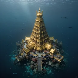 aerial view of a colossal golden temple covered in coral reefs at the bottom of the sea, very dark, ominous, fog lighting, tons of fish swimming, sharks, epic scene, hd octane render, insanely detailed, hyper - realistic