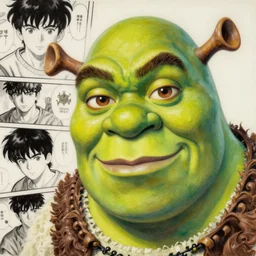 prompt : shrek, soft light painted by james jean and katsuhiro otomo and erik jones, inspired by akira anime, smooth face feature, intricate oil painting, high detail illustration, sharp high detail, manga and anime 1 9 9 9