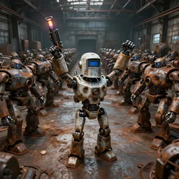 a small robot with a welding helmet for a head, the robot's arms are held high in triumph, standing in front of hundreds of large robots inside a huge rusty dingy warehouse, army of robots, raygun gothic, atomic punk, digital art, detailed octane render, high angle