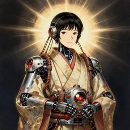 Hiroshige portrait of a robot saint made of cables and robotic pod