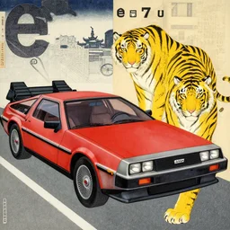 a red delorean and a yellow tiger, art by hsiao - ron cheng and utagawa kunisada, magazine collage, # e 5 3 7 1 b, # e 4 e 6 2 0, # de 9 5 f 0,