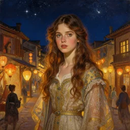 a beautiful painting of a girl resembling millie bobby brown in front of the lantern festival in a an ancient italian town, at night with a sky full of stars, intricate, elegant, highly detailed, digital painting, artstation, concept art, by krenz cushart and artem demura and alphonse mucha